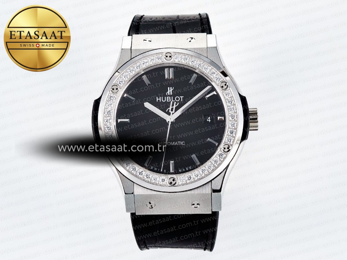 Classic Fusion Bang 42mm HBF 1:1 Best Edition Black Dial Diamonds Bezel on Black Leather Strap A2892 - Görsel 3