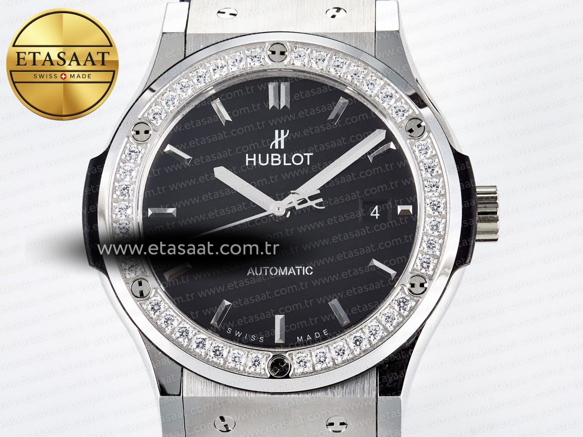 Classic Fusion Bang 42mm HBF 1:1 Best Edition Black Dial Diamonds Bezel on Black Leather Strap A2892 - Görsel 4