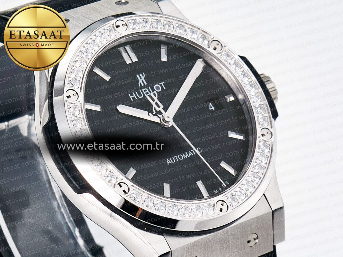 Classic Fusion Bang 42mm HBF 1:1 Best Edition Black Dial Diamonds Bezel on Black Leather Strap A2892 - Görsel 5