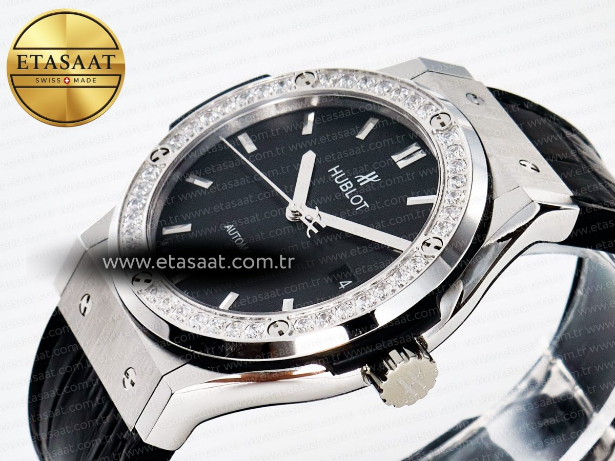 Classic Fusion Bang 42mm HBF 1:1 Best Edition Black Dial Diamonds Bezel on Black Leather Strap A2892 - Görsel 6