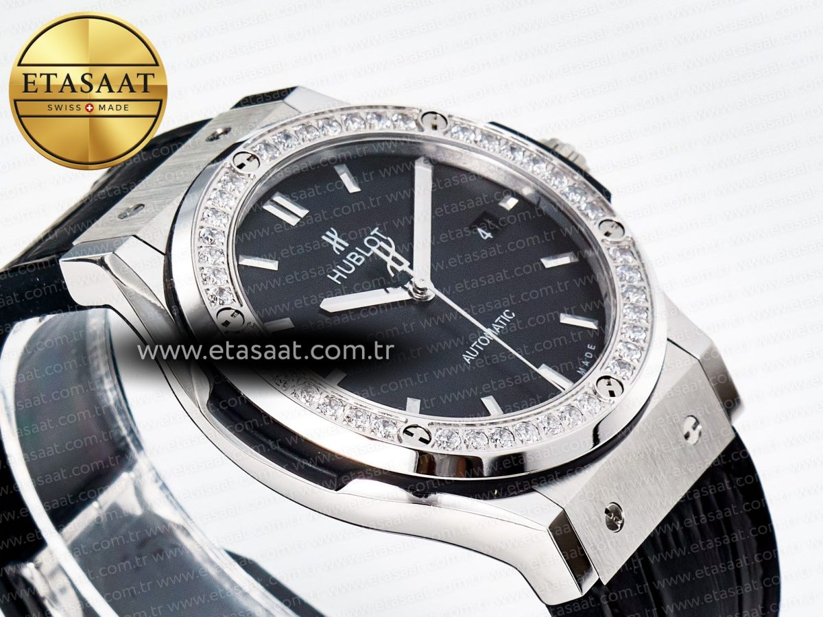 Classic Fusion Bang 42mm HBF 1:1 Best Edition Black Dial Diamonds Bezel on Black Leather Strap A2892 - Görsel 7