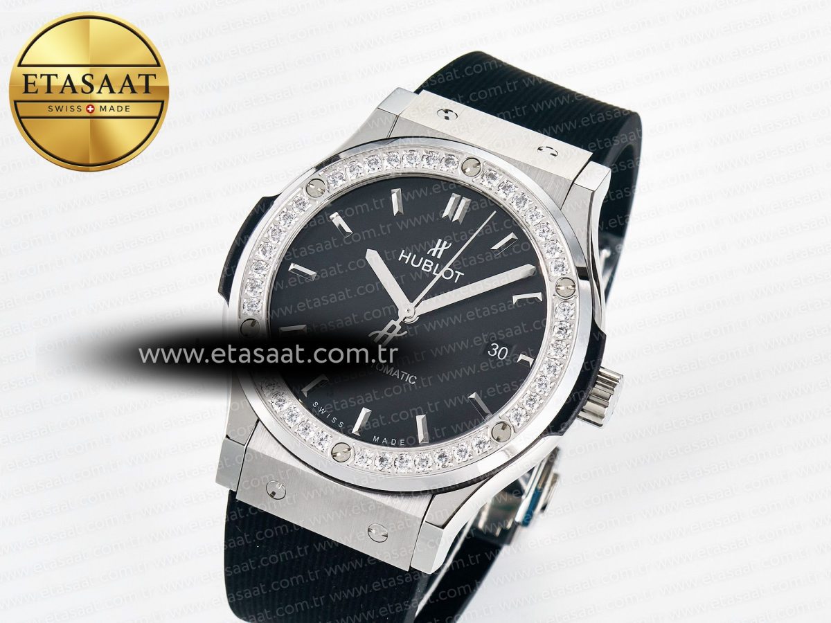 Classic Fusion Bang 42mm HBF 1:1 Best Edition Black Dial Diamonds Bezel on Black Rubber Strap A2892 - Görsel 1