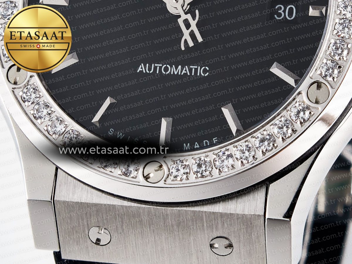 Classic Fusion Bang 42mm HBF 1:1 Best Edition Black Dial Diamonds Bezel on Black Rubber Strap A2892 - Görsel 12