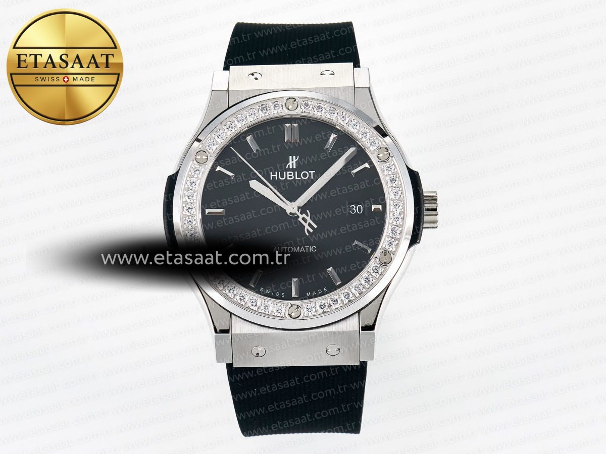 Classic Fusion Bang 42mm HBF 1:1 Best Edition Black Dial Diamonds Bezel on Black Rubber Strap A2892 - Görsel 3