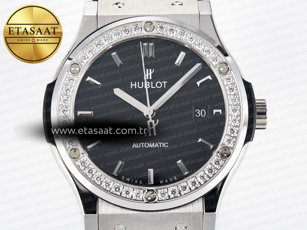 Classic Fusion Bang 42mm HBF 1:1 Best Edition Black Dial Diamonds Bezel on Black Rubber Strap A2892 - Görsel 4