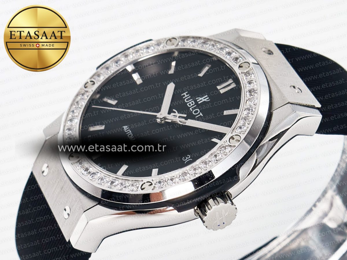 Classic Fusion Bang 42mm HBF 1:1 Best Edition Black Dial Diamonds Bezel on Black Rubber Strap A2892 - Görsel 6