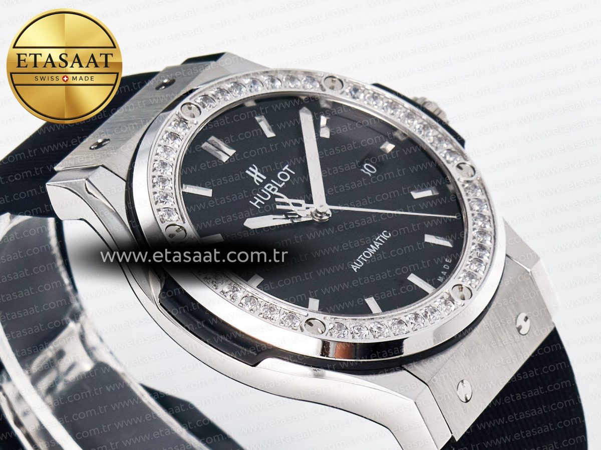 Classic Fusion Bang 42mm HBF 1:1 Best Edition Black Dial Diamonds Bezel on Black Rubber Strap A2892 - Görsel 7