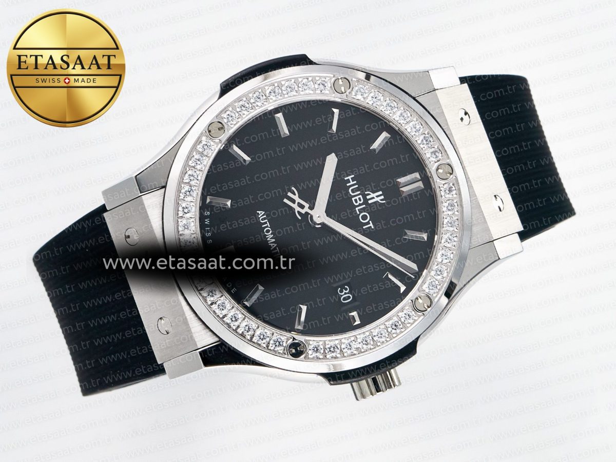 Classic Fusion Bang 42mm HBF 1:1 Best Edition Black Dial Diamonds Bezel on Black Rubber Strap A2892 - Görsel 8