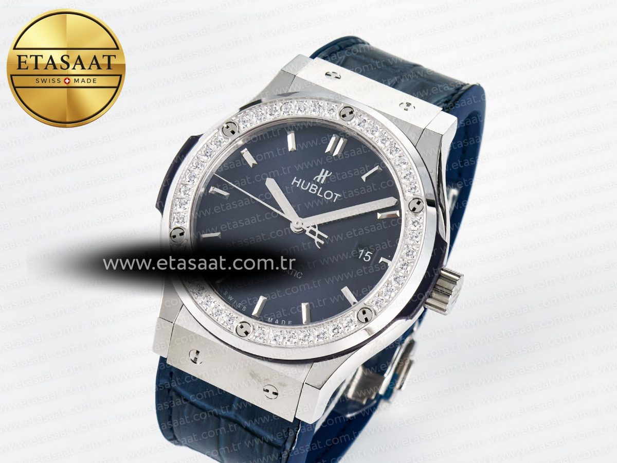 Classic Fusion Bang 42mm HBF 1:1 Best Edition Blue Dial Diamonds Bezel on Blue Leather Strap A2892 - Görsel 2