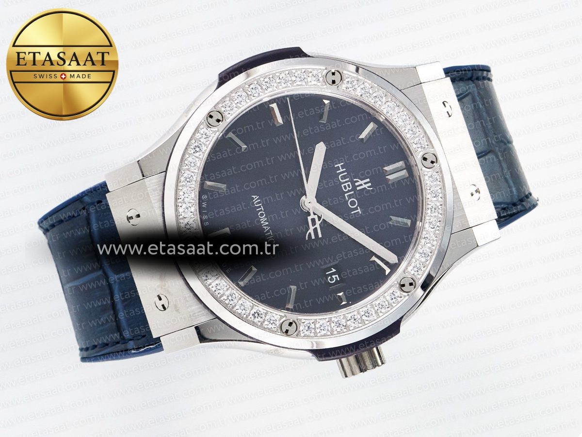 Classic Fusion Bang 42mm HBF 1:1 Best Edition Blue Dial Diamonds Bezel on Blue Leather Strap A2892 - Görsel 8