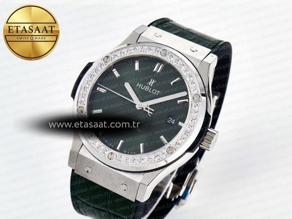 Classic Fusion Bang 42mm HBF 1:1 Best Edition Green Dial Diamonds Bezel on Green Leather Strap A2892
