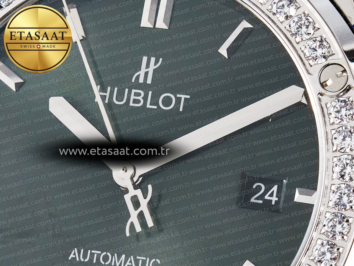 Classic Fusion Bang 42mm HBF 1:1 Best Edition Green Dial Diamonds Bezel on Green Leather Strap A2892 - Görsel 10