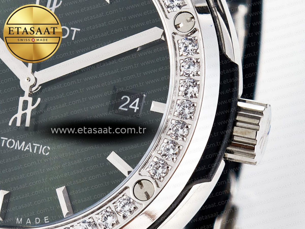 Classic Fusion Bang 42mm HBF 1:1 Best Edition Green Dial Diamonds Bezel on Green Leather Strap A2892 - Görsel 11