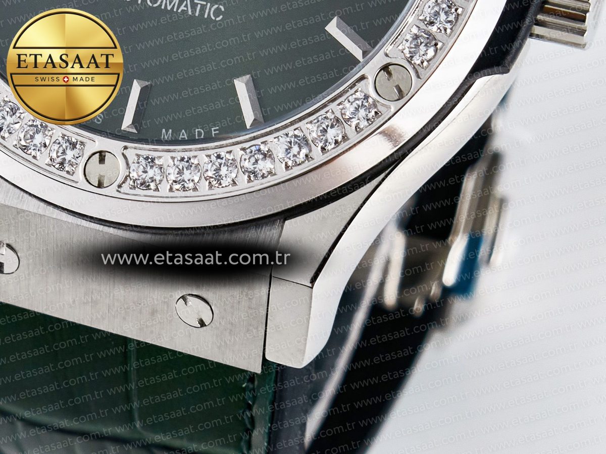 Classic Fusion Bang 42mm HBF 1:1 Best Edition Green Dial Diamonds Bezel on Green Leather Strap A2892 - Görsel 13