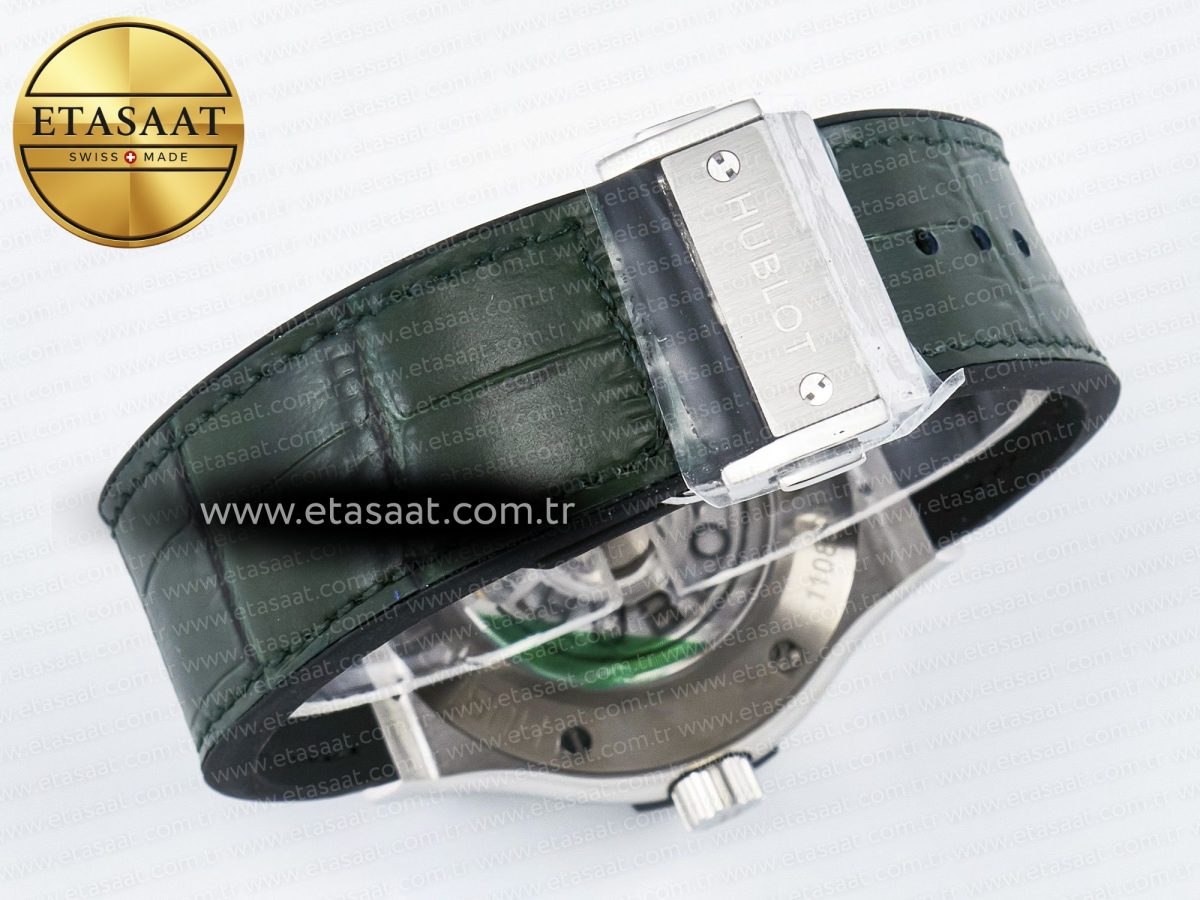 Classic Fusion Bang 42mm HBF 1:1 Best Edition Green Dial Diamonds Bezel on Green Leather Strap A2892 - Görsel 16