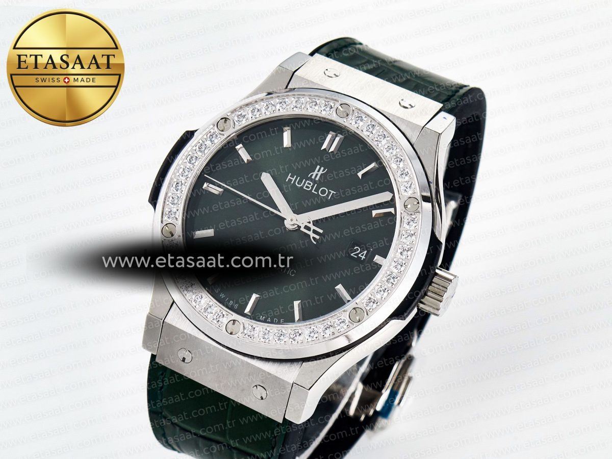 Classic Fusion Bang 42mm HBF 1:1 Best Edition Green Dial Diamonds Bezel on Green Leather Strap A2892 - Görsel 2