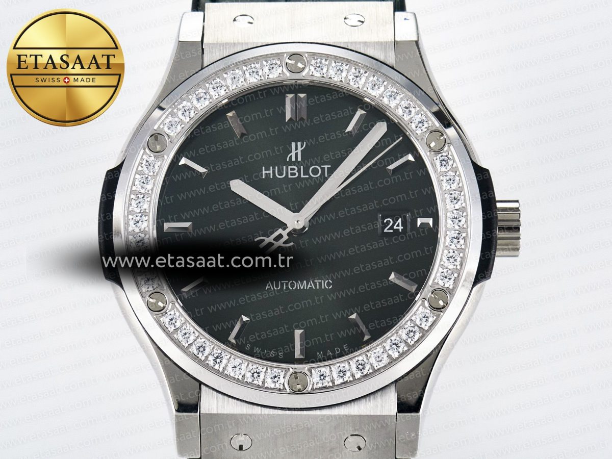Classic Fusion Bang 42mm HBF 1:1 Best Edition Green Dial Diamonds Bezel on Green Leather Strap A2892 - Görsel 4