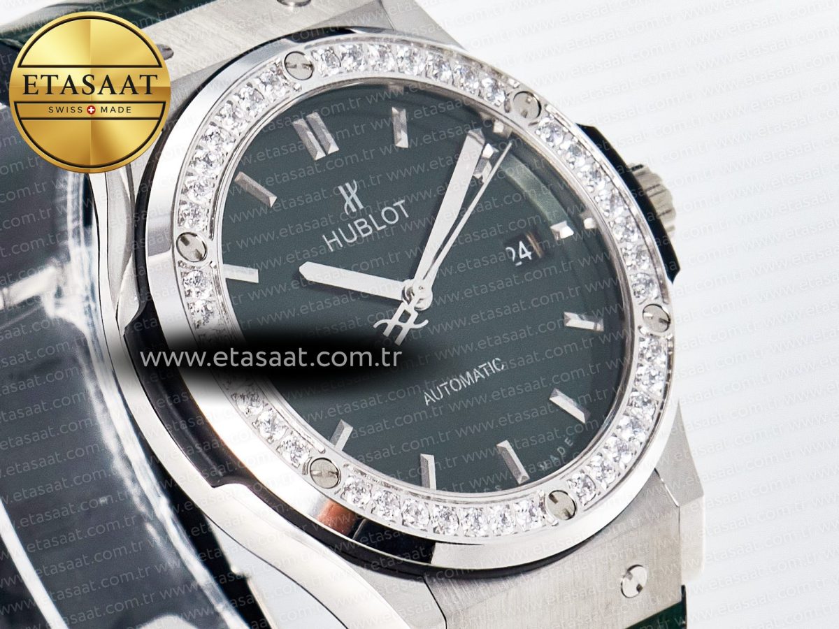 Classic Fusion Bang 42mm HBF 1:1 Best Edition Green Dial Diamonds Bezel on Green Leather Strap A2892 - Görsel 5