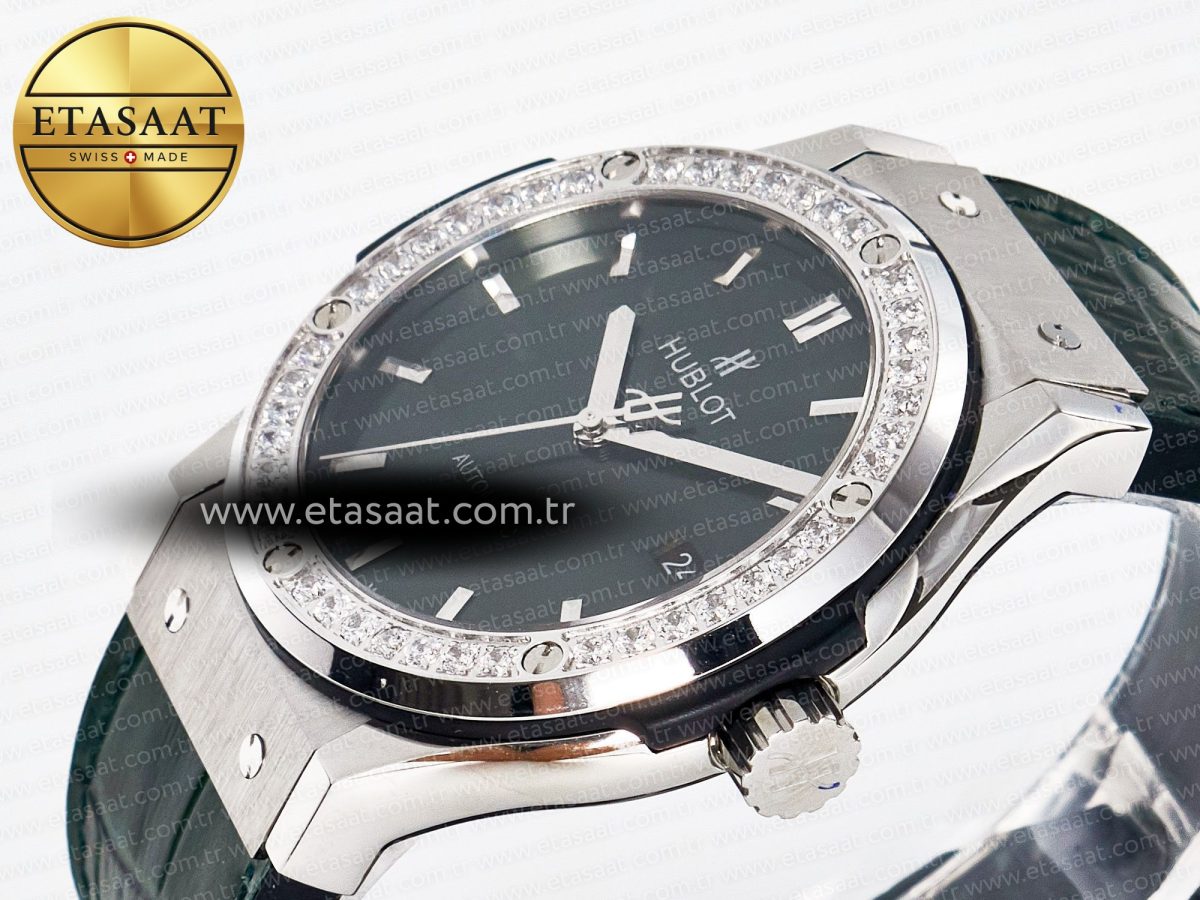 Classic Fusion Bang 42mm HBF 1:1 Best Edition Green Dial Diamonds Bezel on Green Leather Strap A2892 - Görsel 6
