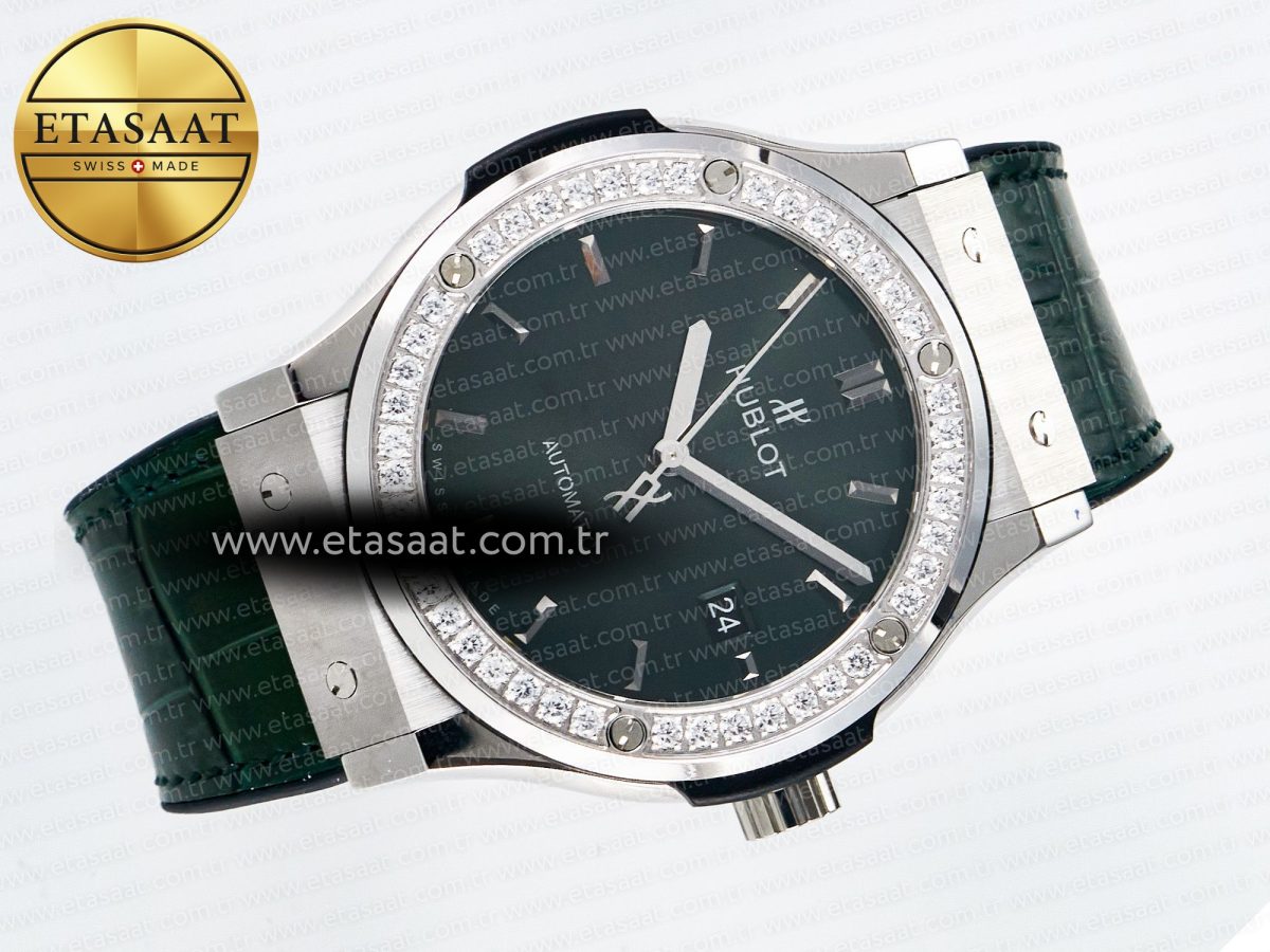 Classic Fusion Bang 42mm HBF 1:1 Best Edition Green Dial Diamonds Bezel on Green Leather Strap A2892 - Görsel 8