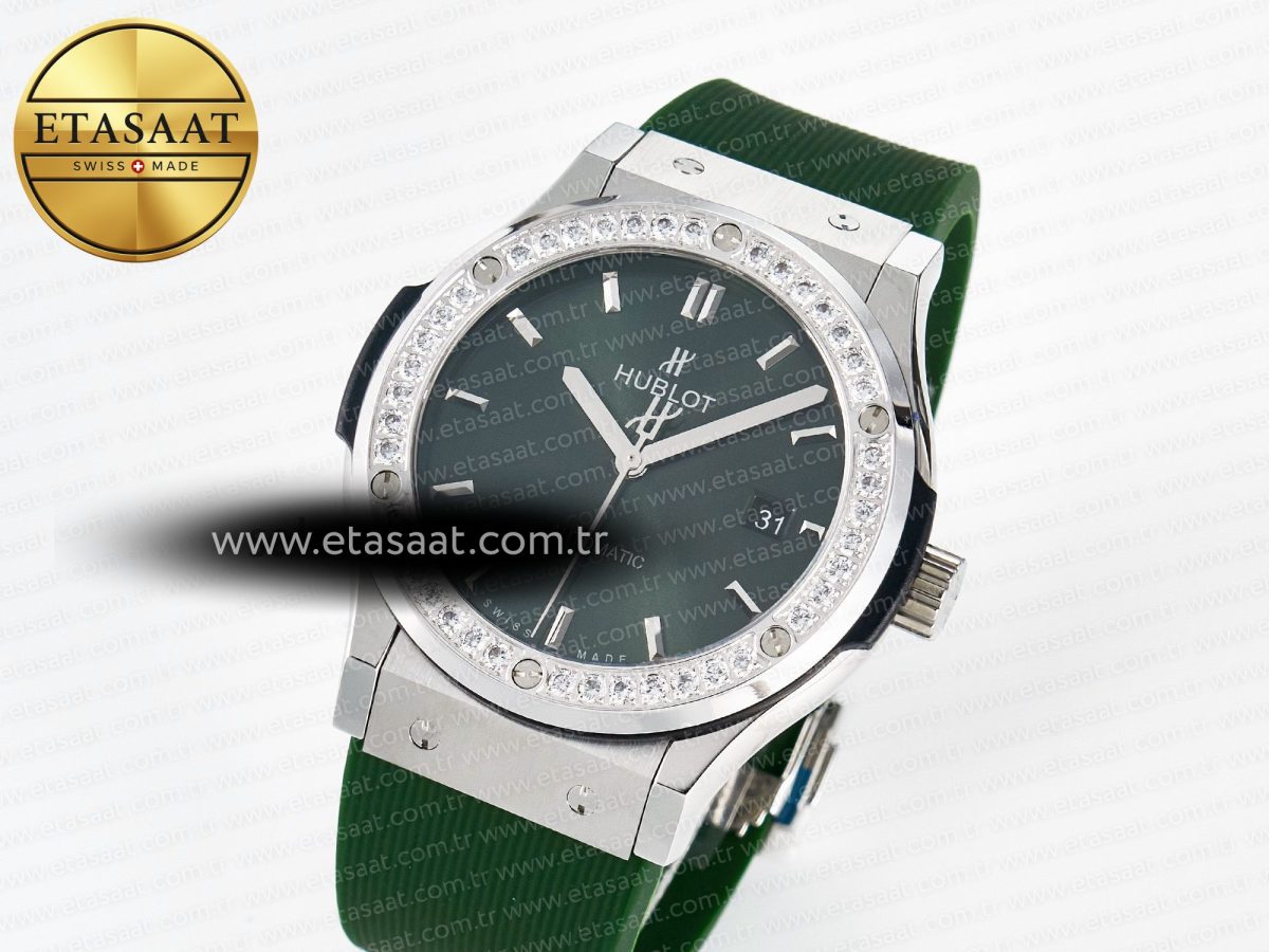 Classic Fusion Bang 42mm HBF 1:1 Best Edition Green Dial Diamonds Bezel on Green Rubber Strap A2892 - Görsel 1