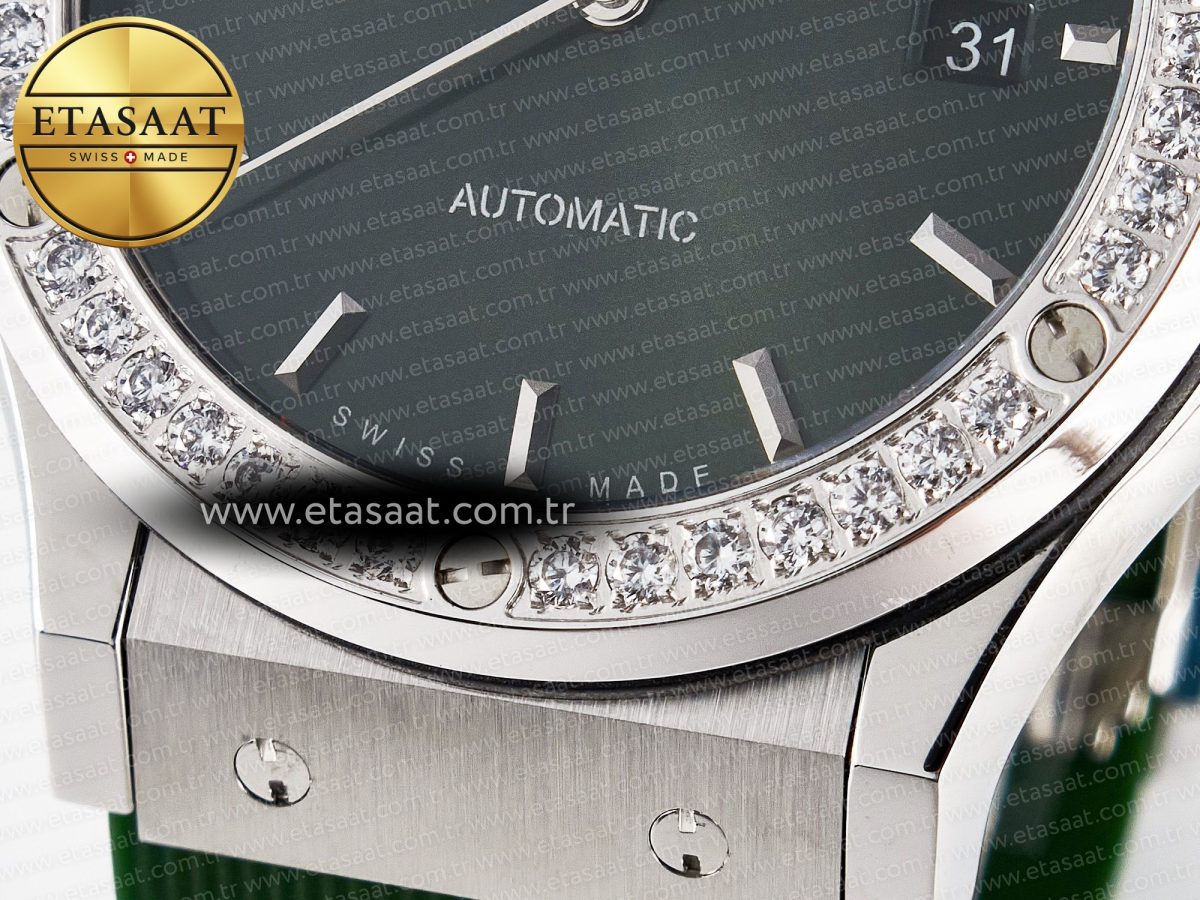 Classic Fusion Bang 42mm HBF 1:1 Best Edition Green Dial Diamonds Bezel on Green Rubber Strap A2892 - Görsel 12