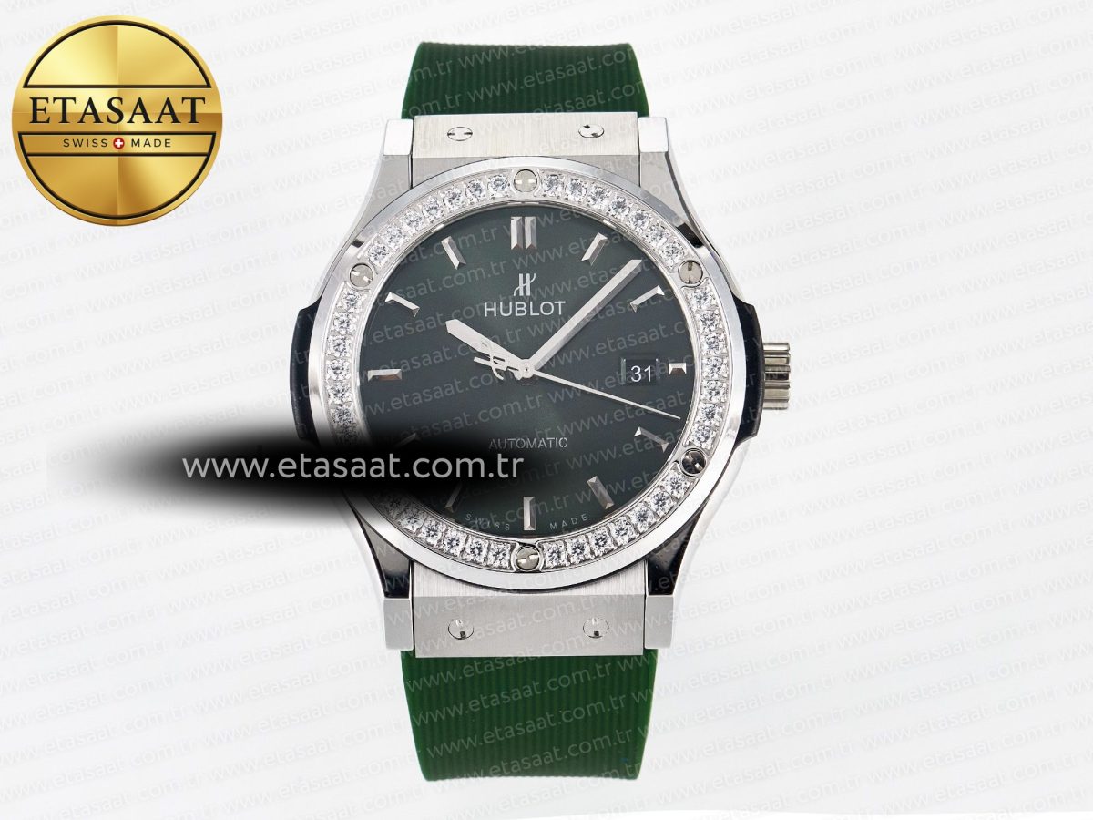 Classic Fusion Bang 42mm HBF 1:1 Best Edition Green Dial Diamonds Bezel on Green Rubber Strap A2892 - Görsel 3