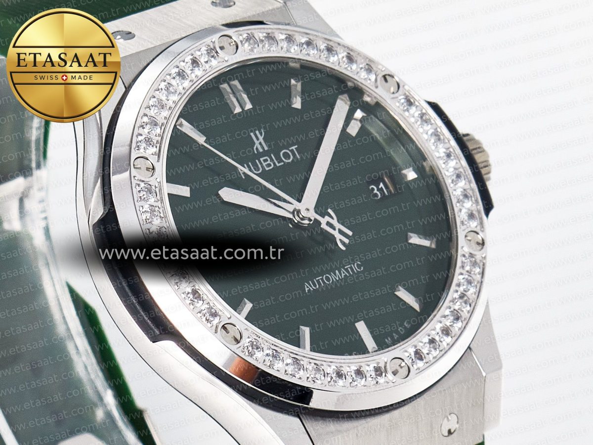 Classic Fusion Bang 42mm HBF 1:1 Best Edition Green Dial Diamonds Bezel on Green Rubber Strap A2892 - Görsel 5