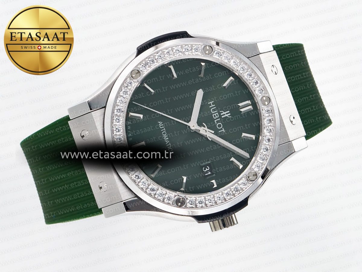 Classic Fusion Bang 42mm HBF 1:1 Best Edition Green Dial Diamonds Bezel on Green Rubber Strap A2892 - Görsel 8