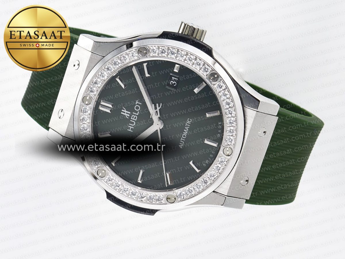Classic Fusion Bang 42mm HBF 1:1 Best Edition Green Dial Diamonds Bezel on Green Rubber Strap A2892 - Görsel 9