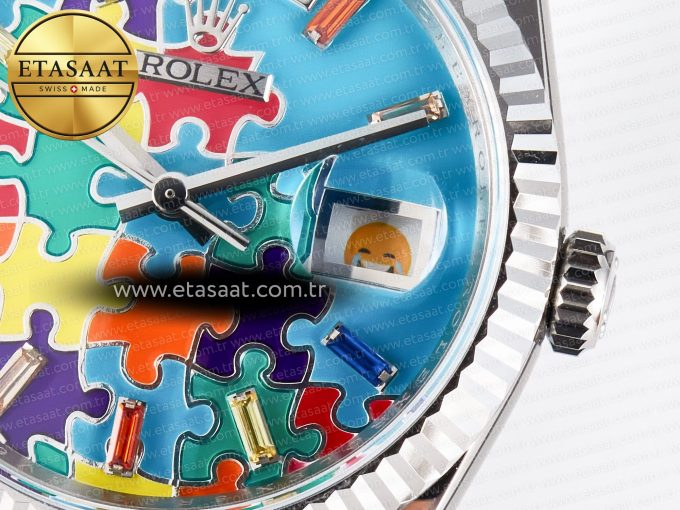 Daydate 128239 36mm Colour Jigsaw Puzzle SS QHF Best Edition Turquoise Blue Dial on SS President Bracelet A2834 - Görsel 11