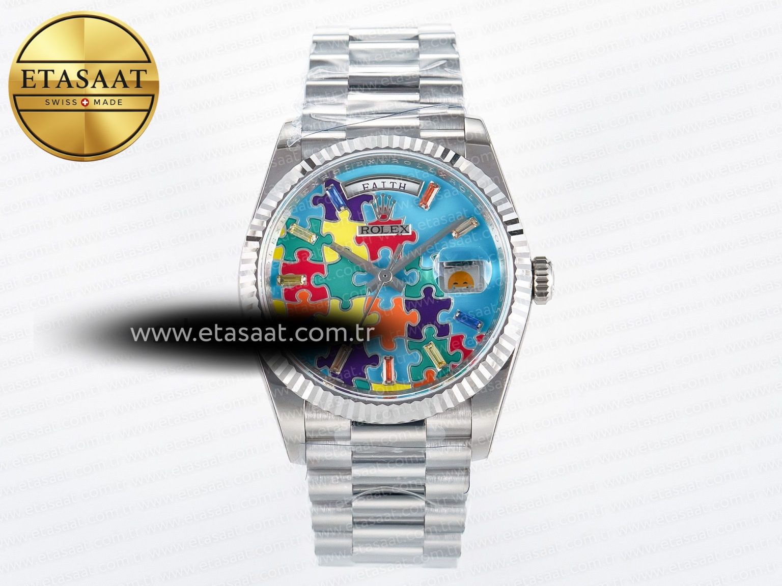 Daydate 128239 36mm Colour Jigsaw Puzzle SS QHF Best Edition Turquoise Blue Dial on SS President Bracelet A2834 - Görsel 3