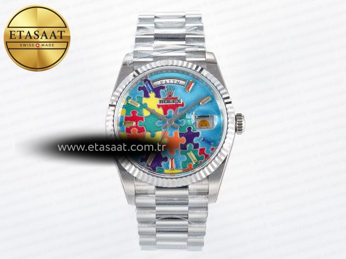 Daydate 128239 36mm Colour Jigsaw Puzzle SS QHF Best Edition Turquoise Blue Dial on SS President Bracelet A2834 - Görsel 3