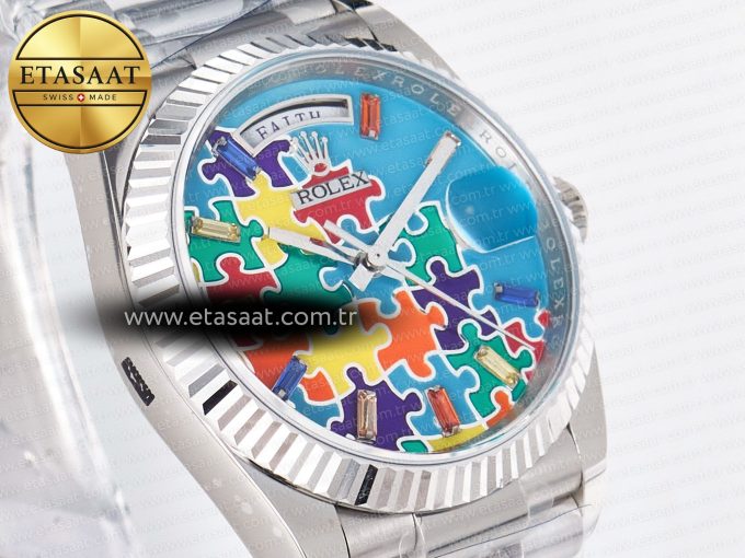Daydate 128239 36mm Colour Jigsaw Puzzle SS QHF Best Edition Turquoise Blue Dial on SS President Bracelet A2834 - Görsel 5