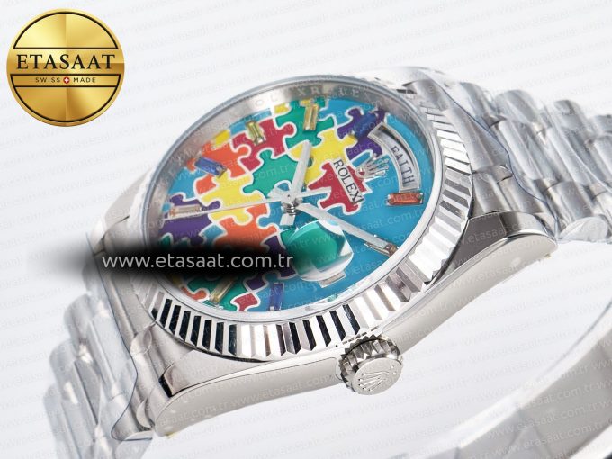 Daydate 128239 36mm Colour Jigsaw Puzzle SS QHF Best Edition Turquoise Blue Dial on SS President Bracelet A2834 - Görsel 6
