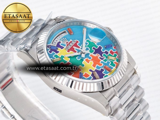 Daydate 128239 36mm Colour Jigsaw Puzzle SS QHF Best Edition Turquoise Blue Dial on SS President Bracelet A2834 - Görsel 7