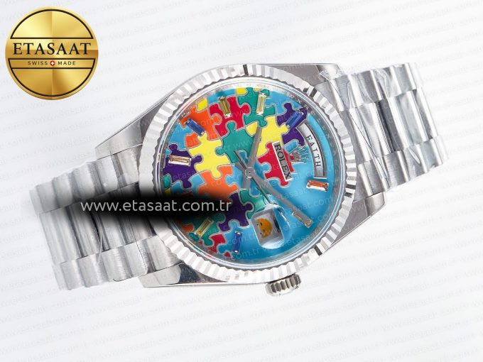Daydate 128239 36mm Colour Jigsaw Puzzle SS QHF Best Edition Turquoise Blue Dial on SS President Bracelet A2834 - Görsel 8
