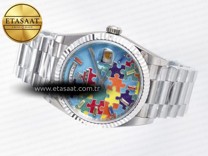 Daydate 128239 36mm Colour Jigsaw Puzzle SS QHF Best Edition Turquoise Blue Dial on SS President Bracelet A2834 - Görsel 9