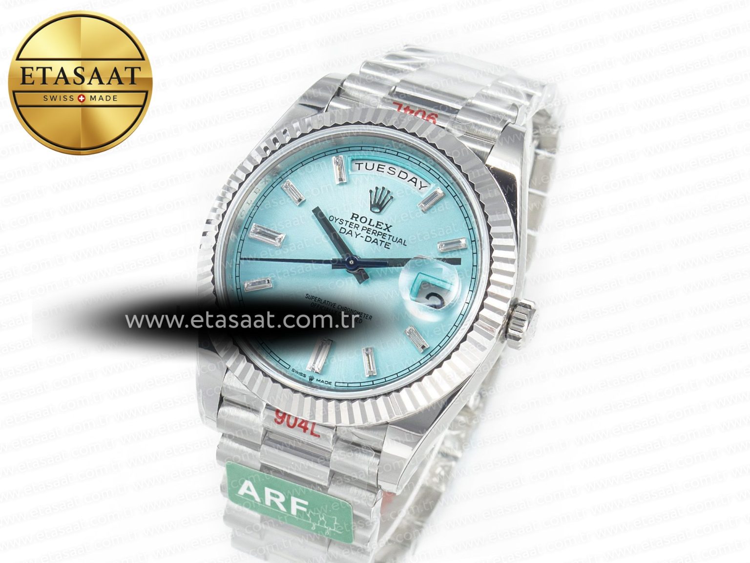 DayDate 40 228236 ARF 904L Steel Tiffany Blue Crystal Diamonds Bezel on President Bracelet VR3255 - Görsel 1