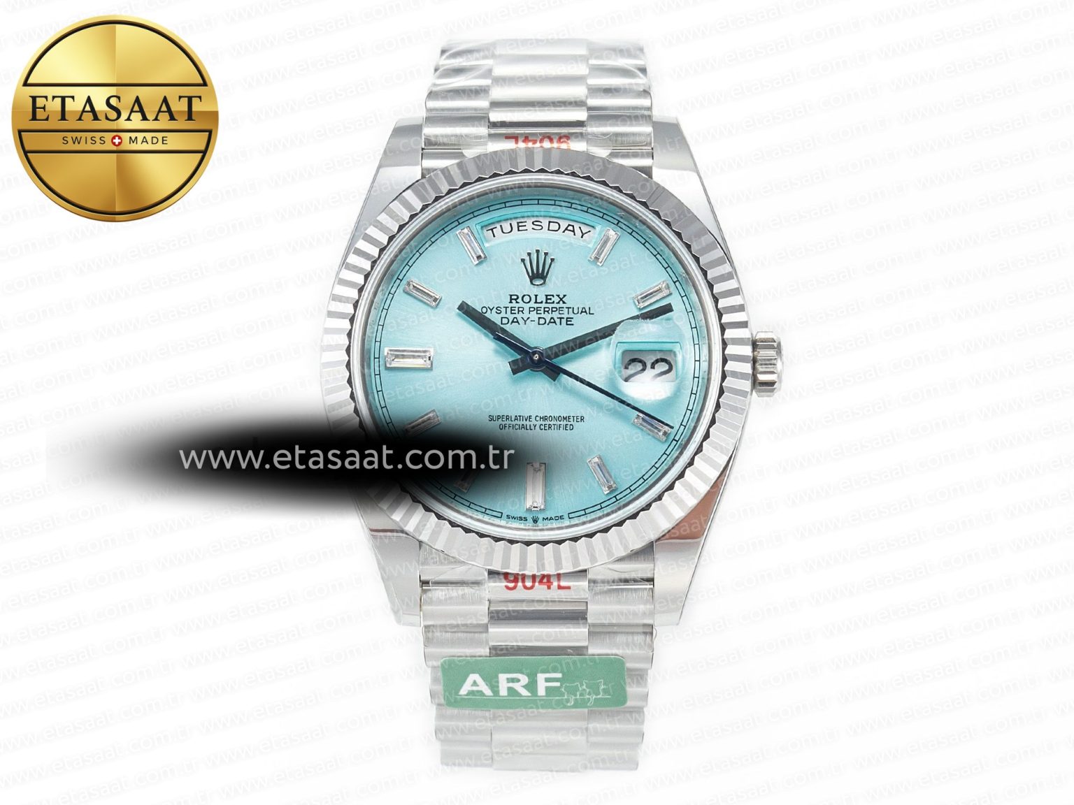 DayDate 40 228236 ARF 904L Steel Tiffany Blue Crystal Diamonds Bezel on President Bracelet VR3255 - Görsel 3