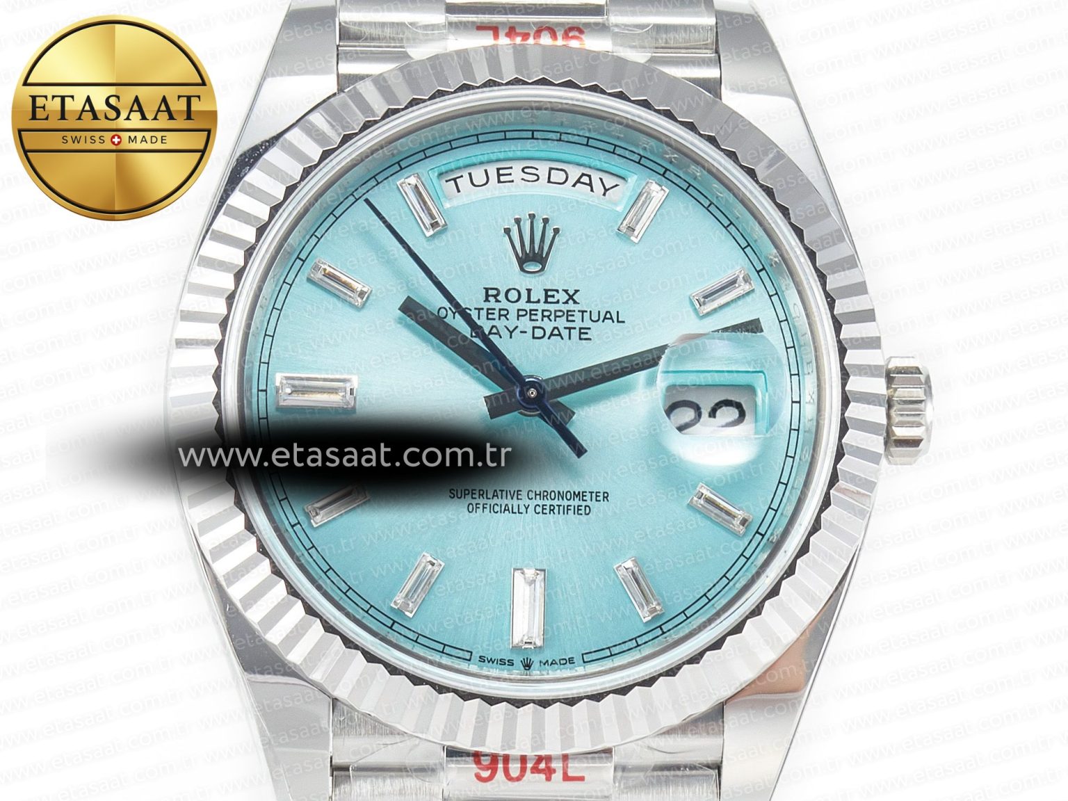 DayDate 40 228236 ARF 904L Steel Tiffany Blue Crystal Diamonds Bezel on President Bracelet VR3255 - Görsel 4