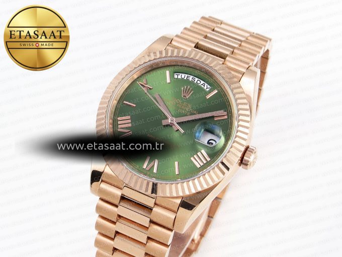 DayDate 40 RG GSF GAIN WEIGHT GREEN ROMAN DIAL ON PRESIDENT BRACELET A2836 - Görsel 2