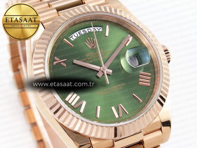 DayDate 40 RG GSF GAIN WEIGHT GREEN ROMAN DIAL ON PRESIDENT BRACELET A2836 - Görsel 5