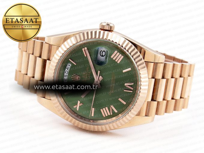 DayDate 40 RG GSF GAIN WEIGHT GREEN ROMAN DIAL ON PRESIDENT BRACELET A2836 - Görsel 6