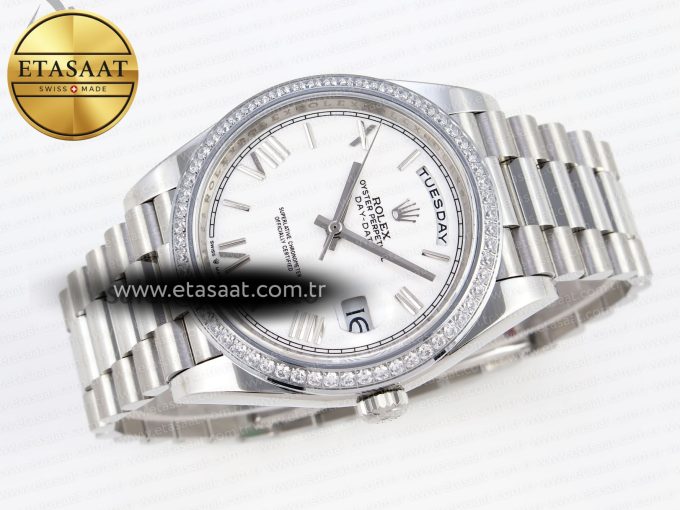 DayDate 40 SS GSF GAIN WEIGHT WHITE ROMAN DIAL DIAMONDS BEZEL ON PRESIDENT BRACELET A2836 - Görsel 6