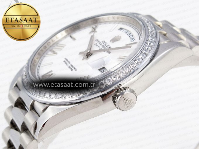 DayDate 40 SS GSF GAIN WEIGHT WHITE ROMAN DIAL DIAMONDS BEZEL ON PRESIDENT BRACELET A2836 - Görsel 8