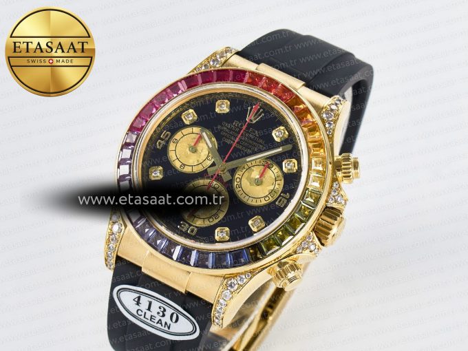 Daytona 116589 RBOW Clean YG 1:1 Best Edition 904L Rainbow Black Diamonds Dial on Black Rubber Strap SA4130 - Görsel 2