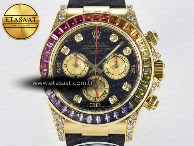 Daytona 116589 RBOW Clean YG 1:1 Best Edition 904L Rainbow Black Diamonds Dial on Black Rubber Strap SA4130 - Görsel 4