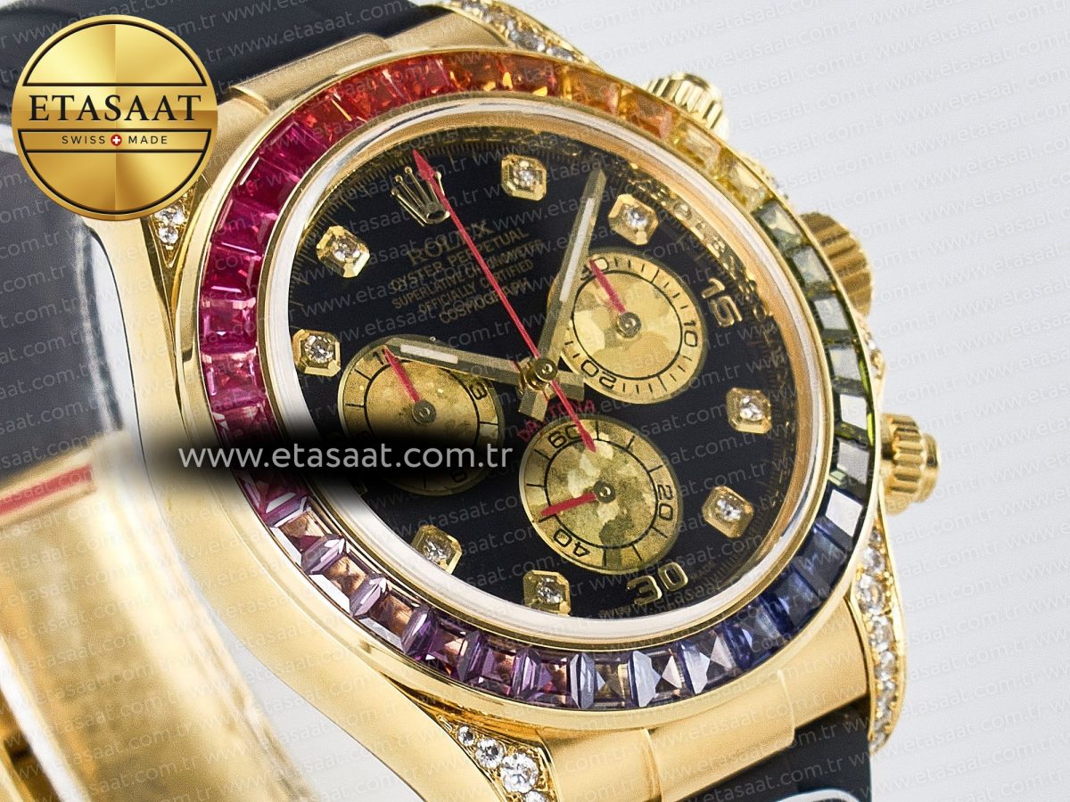 Daytona 116589 RBOW Clean YG 1:1 Best Edition 904L Rainbow Black Diamonds Dial on Black Rubber Strap SA4130 - Görsel 5