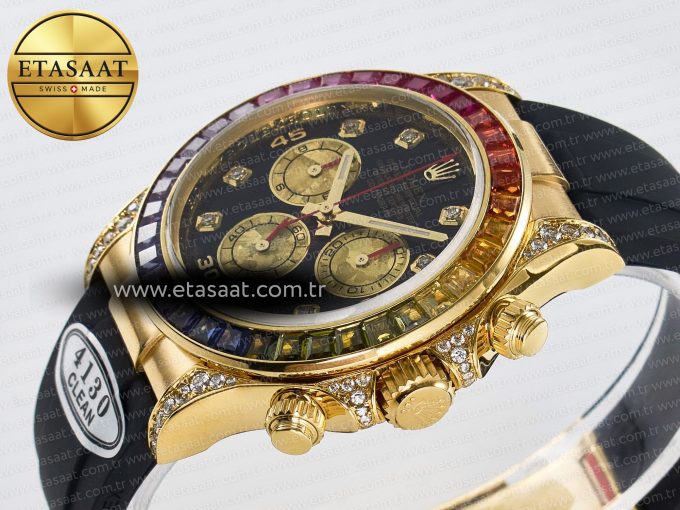 Daytona 116589 RBOW Clean YG 1:1 Best Edition 904L Rainbow Black Diamonds Dial on Black Rubber Strap SA4130 - Görsel 6